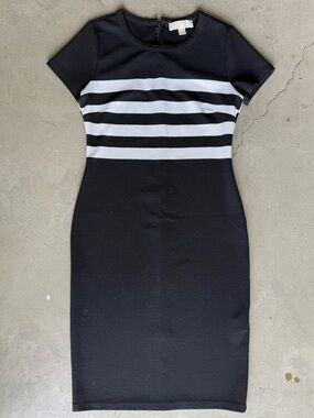 Michael Kors / Stripe Ribbed Midi Dress / Black White